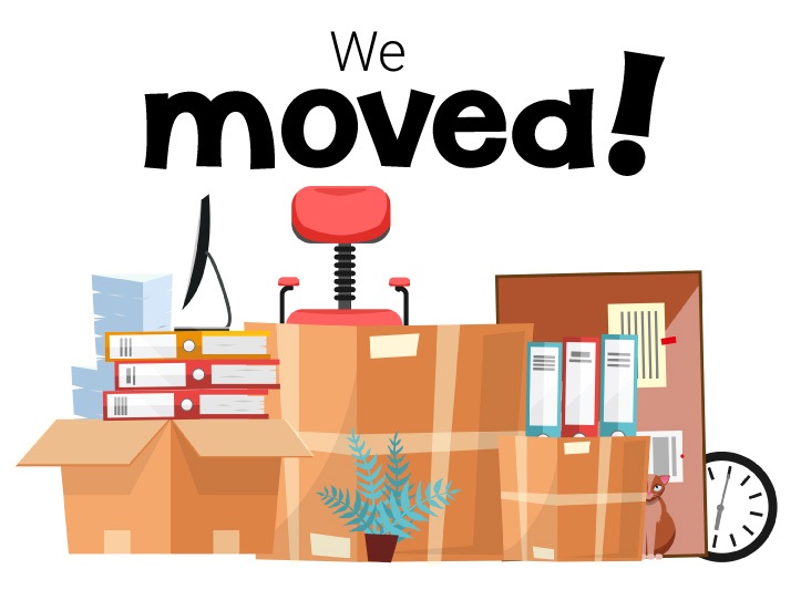 illustration of moving boxes with "We moved" text at the top