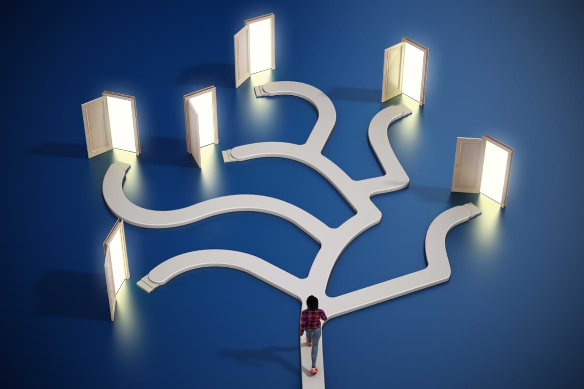 A graphic showing a person walking along a path with multiple open doors. A graphic showing a person walking along a path with multiple open doors.