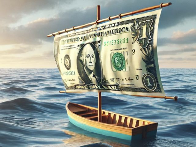 Boat with a dollar bill as the sail navigating the ocean
