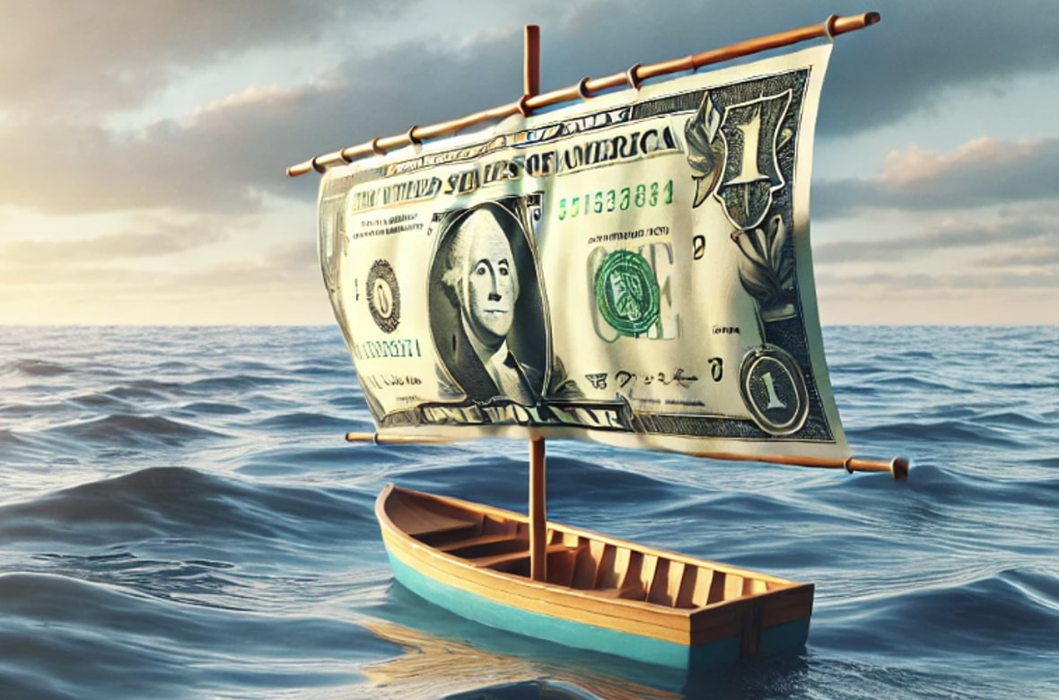 Boat with a dollar bill as the sail navigating the ocean Boat with a dollar bill as the sail navigating the ocean
